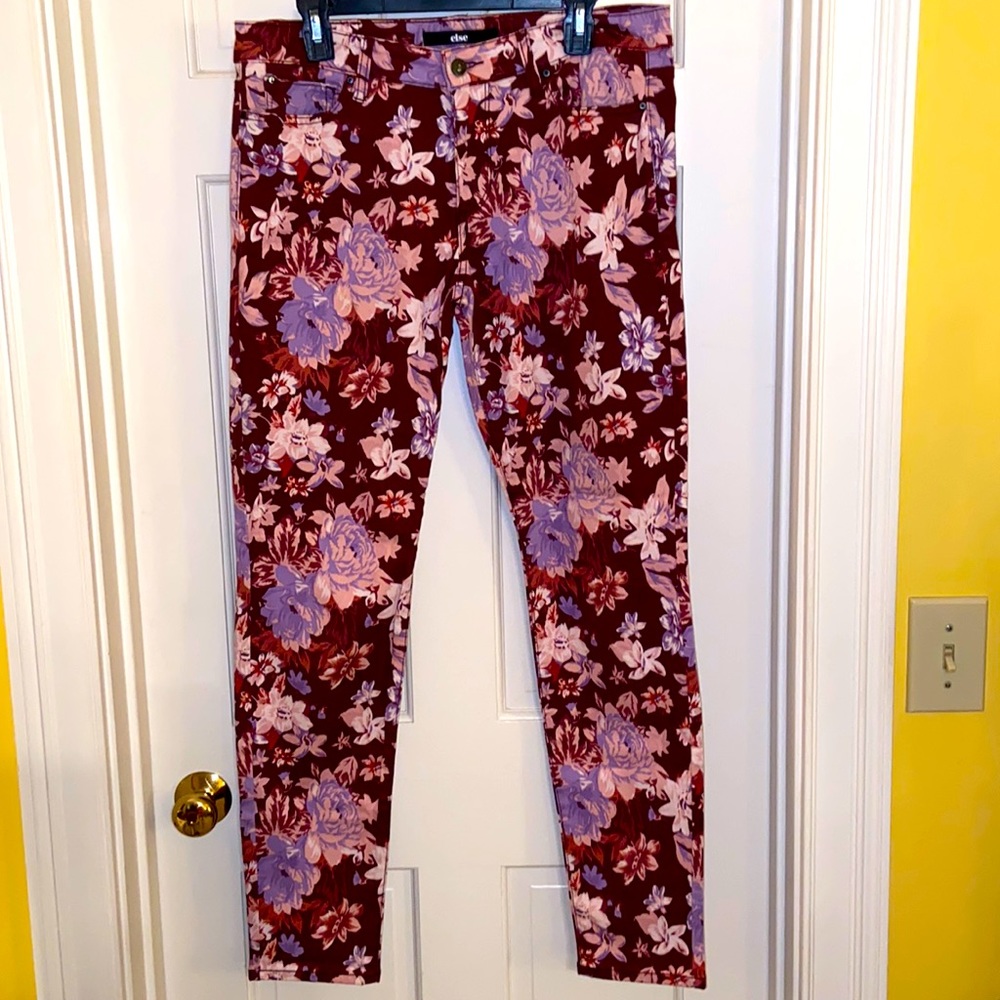 Else Burgundy Pink Rust & Lavender Floral Denim Skinny Pants